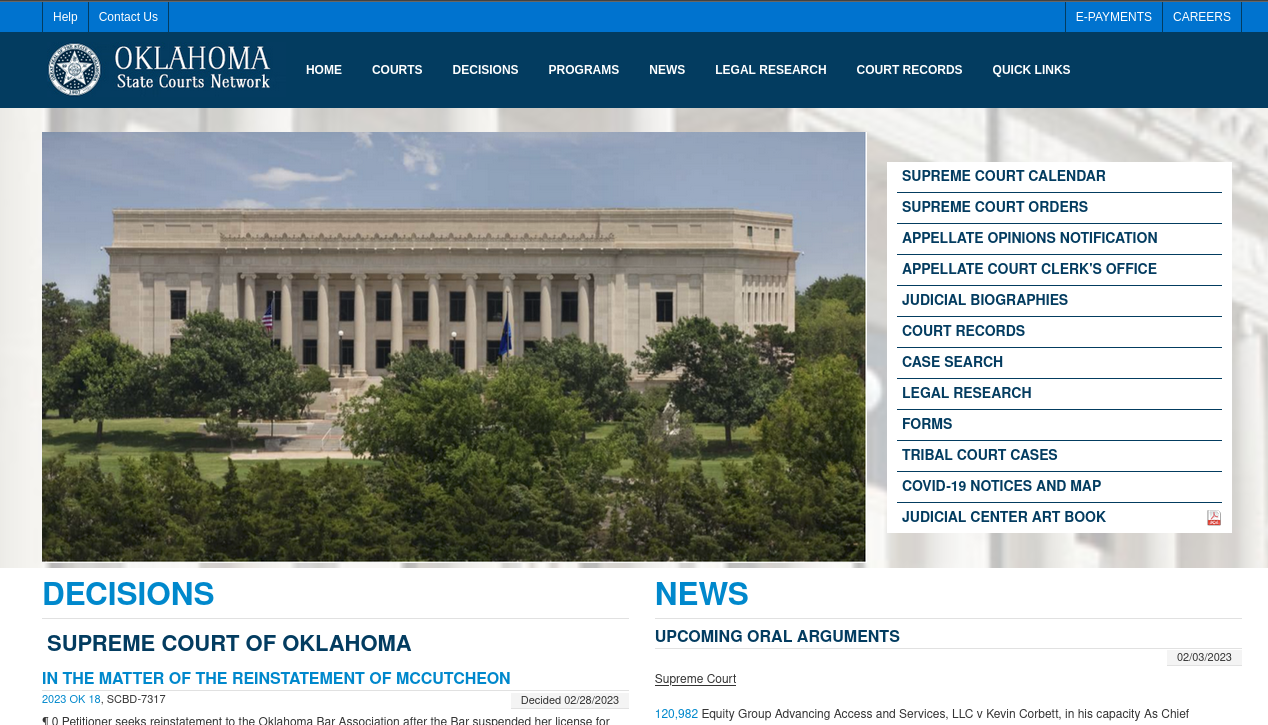 A screenshot of the OSCN homepage